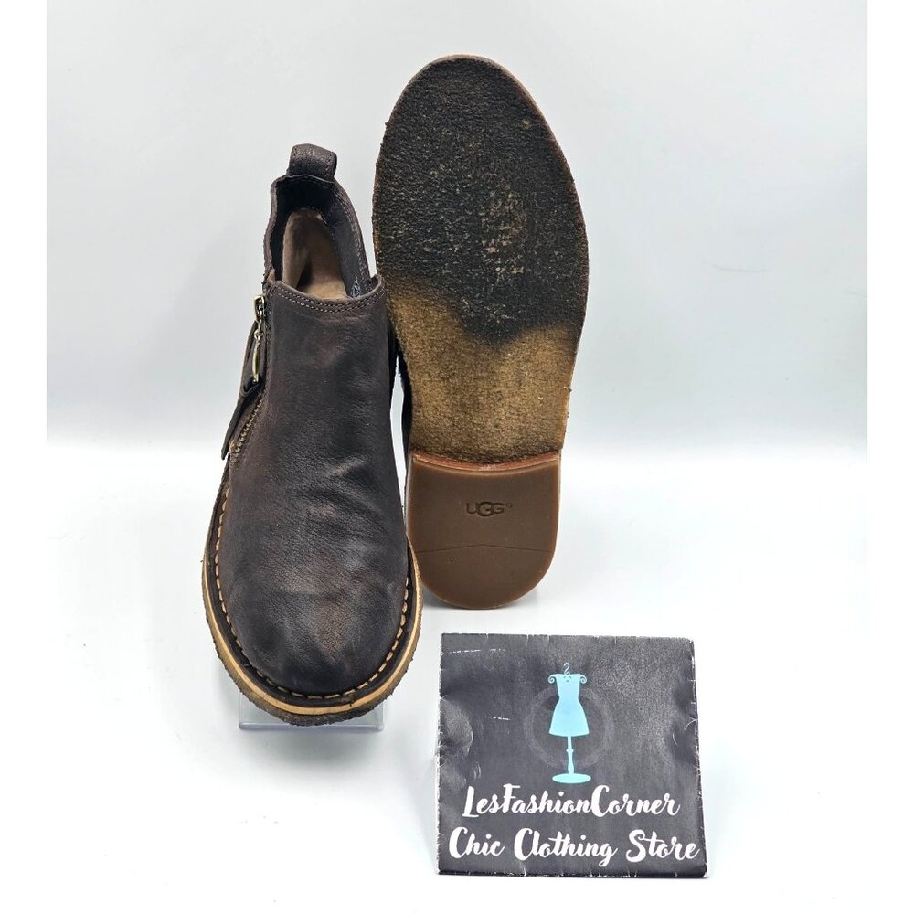 UGG Women's Dark Brown Leather Clementine Shearling Leather Ankle Boot Sz 7 2953 - Picture 3 of 16